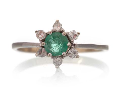 EMERALD AND DIAMOND CLUSTER RING, set with a round emerald flanked by small diamonds, unmarked, size L 1/2