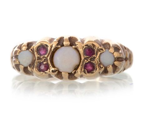 OPAL AND RUBY RING, in nine carat goldQty: 3.7g