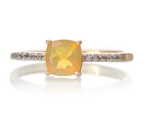 OPAL AND DIAMOND RING, set with a cushion cut Ethiopian opal, on diamond shoulders, in nine carat gold, size P