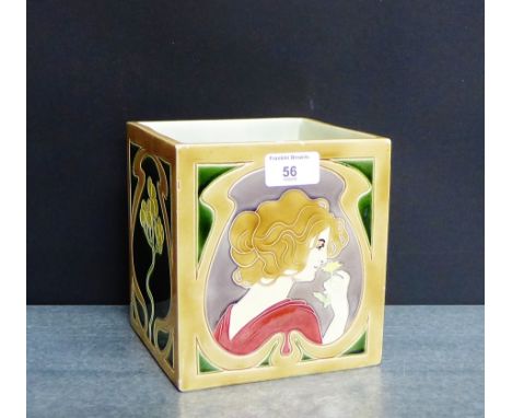 An Austrian Art Nouveau square pottery planter with honesty and female profile pattern, 17cm high