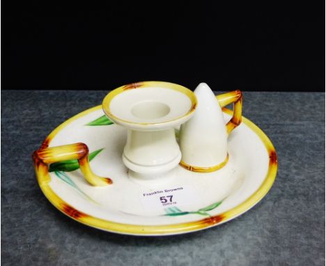 A Minton pottery chamber stick and candle snuffer with faux bamboo handle and rim with impressed marks, 17cm diameter