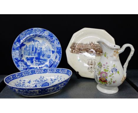 A mixed lot to include a Don pottery blue and white bowl, an oval blue and white pearl ware serving dish, a 19th century Glas