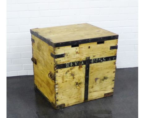 A pine and metal bound storage trunk, 62 x 60cm