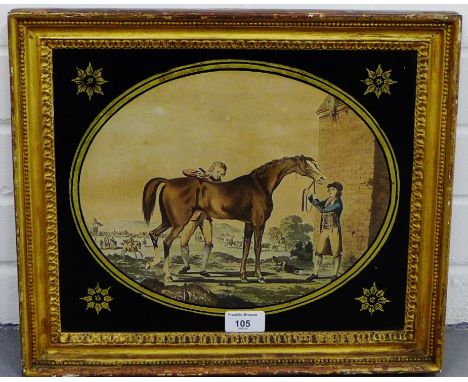 An engraved coloured print of a Horse and Groom, under an ebonised and gilt glass panel within a gilt wood frame, 33 x 27cm F