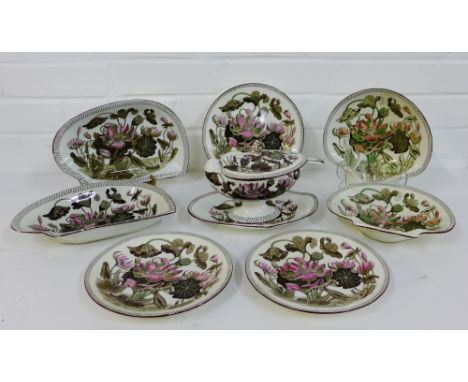 Wedgwood table wares transfer printed and painted in Darwin's Water Lily pattern, circa 1815, comprising a collection of shel