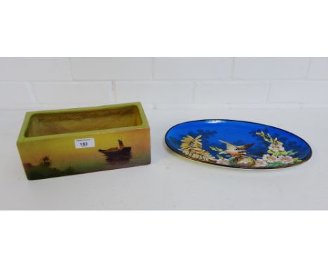 A Bretby rectangular stoneware planter, 26cm long, together with an oval French enamel platter with birds and flower pattern,