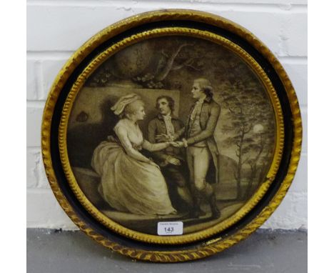 A circular engraved print, contained within a circular ebonised and gilt wood frame, 30cm diameter  From the residual content