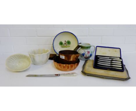 A mixed lot of kitchenalia to include ceramic jelly moulds, copper mould, copper pan, butter pats, a Buchan jug and Quimper b