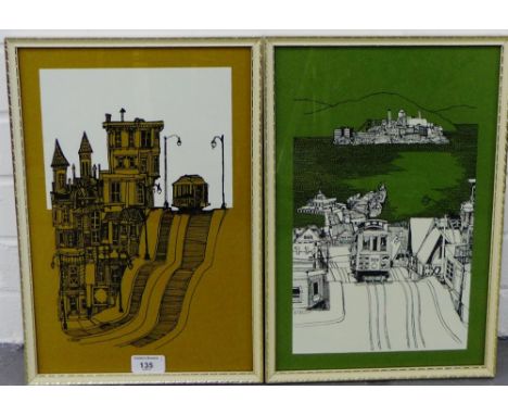 R. Carlson  Pair of coloured screen prints of 'San Francisco Street Scenes', in glazed frames, 24 x 37cm, (2) 