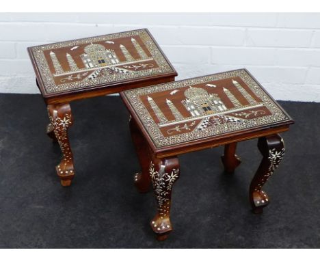 A pair of Indian hardwood and inlaid lamp / side  tables, 38 x 28cm, (2) 