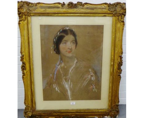 John Hayter  Head and shoulders portrait of a 'Young Woman' Pastel,  signed and dated 1854, under glass, in an ornate gilt wo