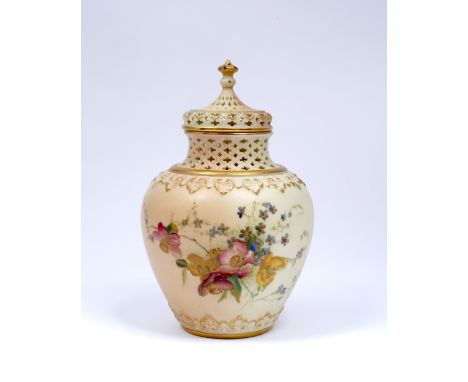 Royal Worcester blush ivory pot pourri vase and cover marks for 1906, shape number 1018, having an inner lid, the exterior pa