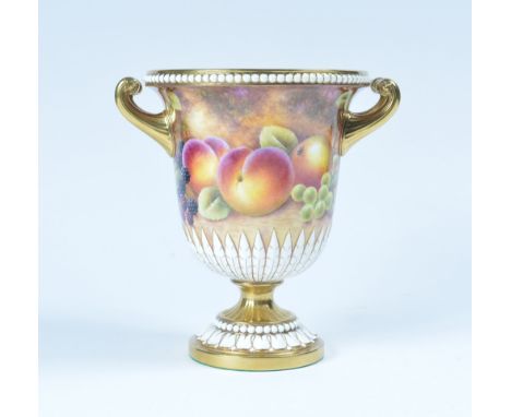 Royal Worcester campana urn painted with fruit, signed S Smith, shape number 2157, 22.5cm