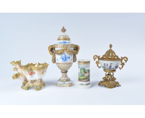 Continental porcelain urn and cover 19th Century 26cm, a gilt mounted New Hall porcelain tea bowl, a Moore vase and a spill v