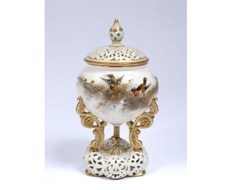Royal Worcester blush ivory pot pourri and cover circa 1892 painted with robins in the style of Powell on a openwork base, 18