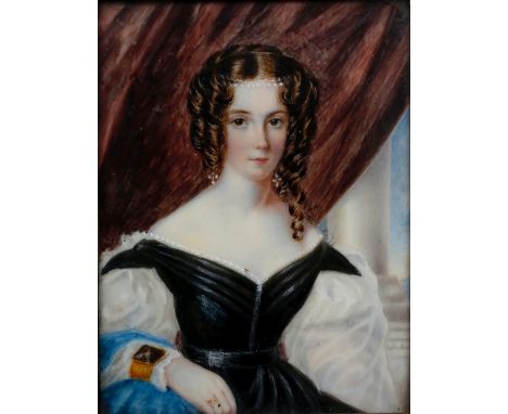 19th Century English School Portrait of a seated lady wearing a blue and white dress, miniature, 8cm x 7cm