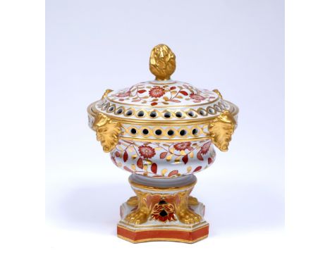 Copeland Spode pot pourri and cover iron red flowers and gilt metal flame finial and mask heads, 13cm