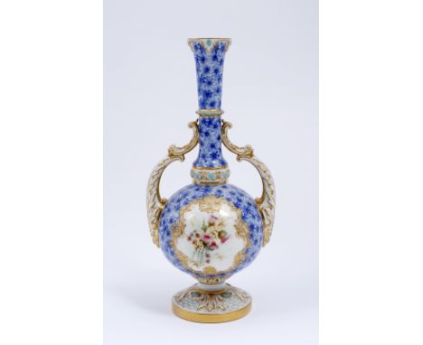 Royal Worcester vase circa 1901 painted in blue daisy pattern with a cartouche painted with thistles, shape number 2083, 28cm