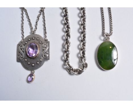 A 950 white metal chain 32 grams, together with a stylised silver pendant and chain, and a jade pendant and chain stamped 925