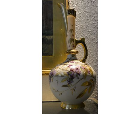 Royal Worcester ewer 1889 of aesthetic form, gilt and purple flower decoration, shape number 783, 46cm
