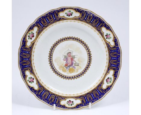 Derby plate 19th Century painted to the central circular panel with a cherub within a blue gilt and reserve border, 23cm Ex D