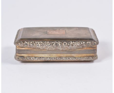 A Georgian silver snuff box with relief borders and geometric engine turned decoration, with gilt interior and presentation i