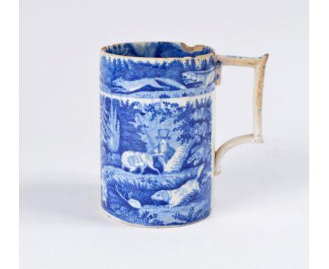 Staffordshire blue transfer tankard 19th Century decorated with a hunting scene, 12.5cm