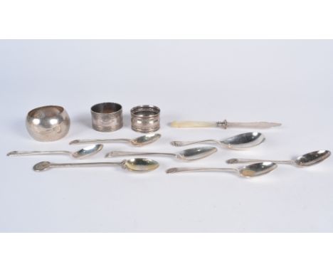 A small quantity of various silver wares including a caddy spoon, napkin rings, teaspoons etc