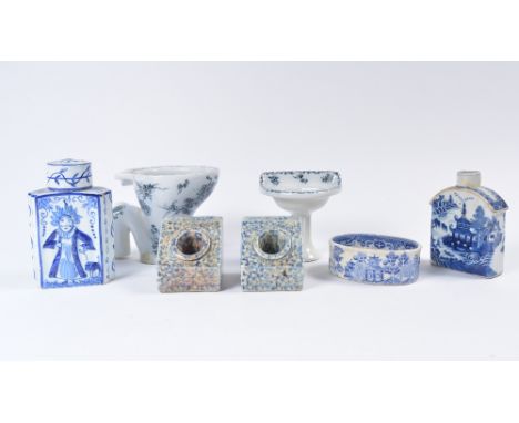 Staffordshire miniature pedestal basin 19th Century a miniature toilet bowl, two pen holders, two tea caddies and an oval blu