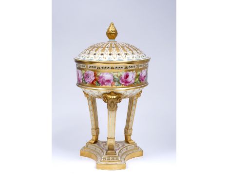 Copeland Spode pot pourri vase and cover circa 1880 painted with a band of roses on a classical ram's head triform base, 32cm