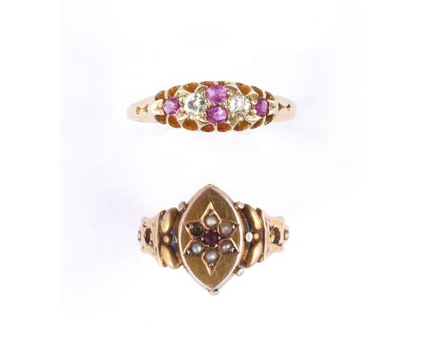 An 18ct gold ring with amethyst and diamond setting, together with a Victorian 15ct gold ring with ruby and pearl setting