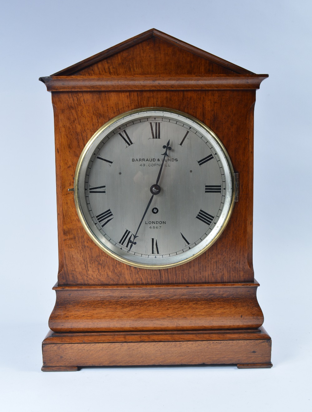 A Barraud & Lunds of London oak bracket clock with silvered dial, numbered 4867, 47cm