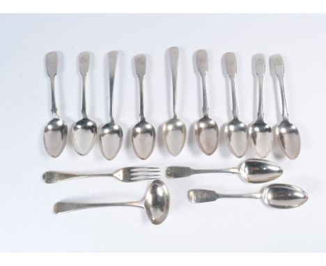 A collection of miscellaneous 19th Century spoons, fork and a ladle various 19th Century dates and makers (monogrammed), 603 