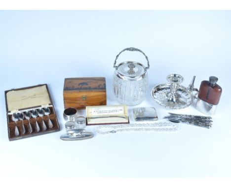 A collection of miscellaneous  including a silver cigarette case, a silver napkin ring, a silver plated hip flask, a cut glas