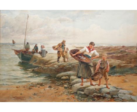 R Anderson (British, 19th Century) Off loading the catch, signed and dated 1884, watercolour, 69cm x 102cm