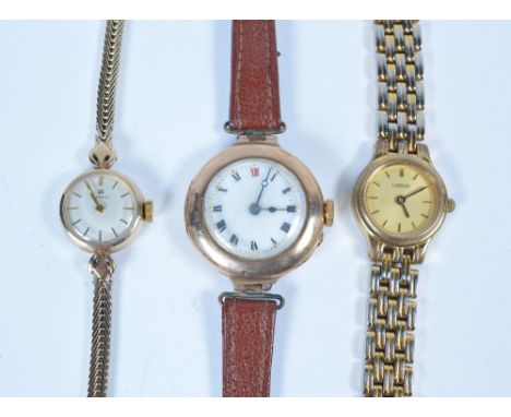 A Tissot ladies 9ct gold wrist watch with integral strap, together with a further ladies 9ct gold wrist watch with enamel dia