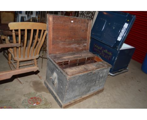 A large wooden Carpenter's toolbox with interior drawers and various contents
