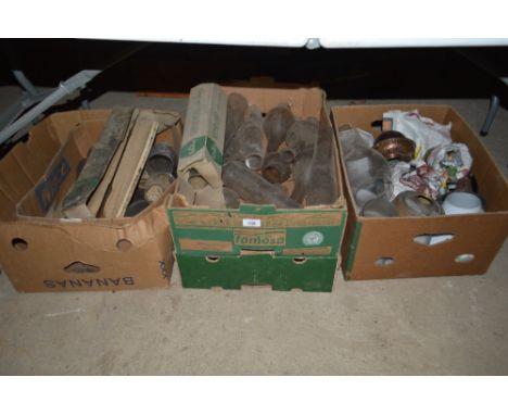 A large quantity of various oil  lamp shades and chimneys