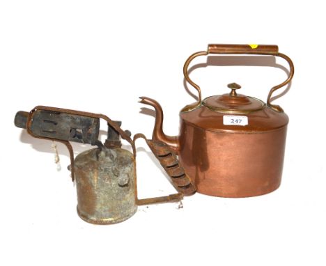 An Antique copper kettle and a blow lamp