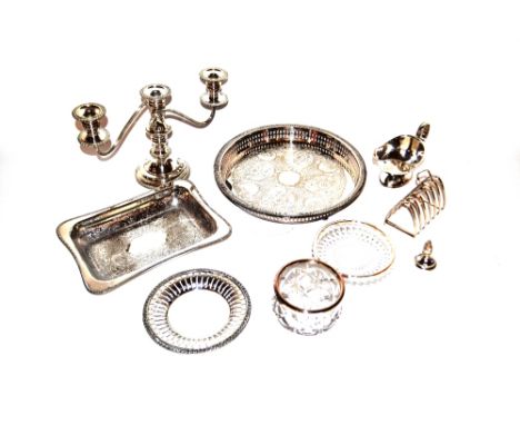 A plated candelabra, various other plated ware etc.