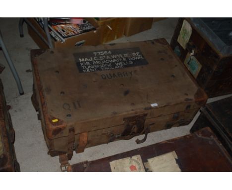 A canvas and leather bound campaign trunk with painted military inscriptions and address