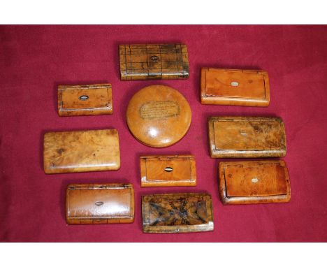 Nine 19th Century rectangular burr wood snuff boxes and one round Mauchline snuff box
