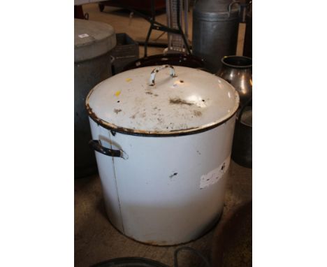 A large twin handled enamel circular bin with lid