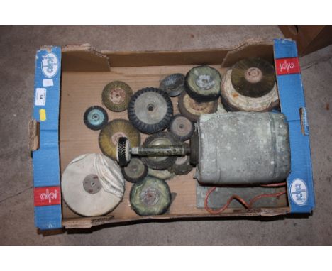 A vintage buffing wheel (sold as collector's item), various polishing wheels, bristles etc. 