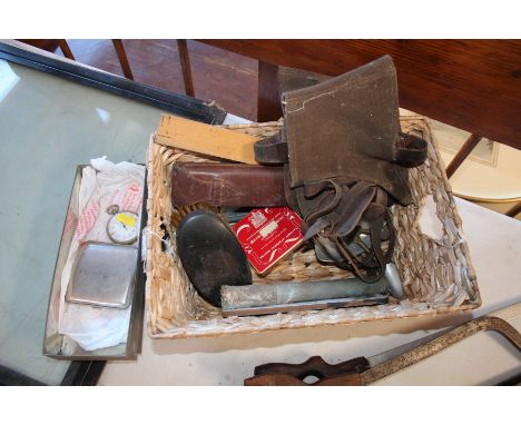An XWD stop watch; a pair of spurs; a plated cigarette case; old brushes, thermometer etc.