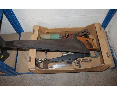 A quantity of tools, including saws, brace, drill bits, plane etc.