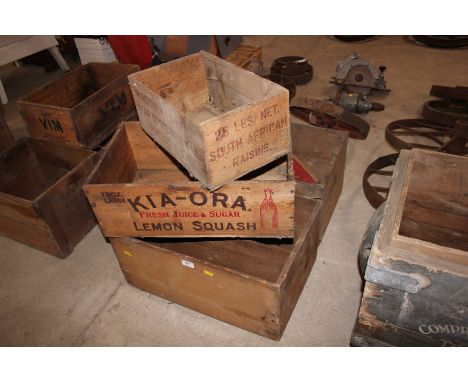 Four various wooden boxes, one for Worcester Farmers Raisin Co-operation Ltd. of Worcester SA, one for Kia-Ora Fresh Juice an