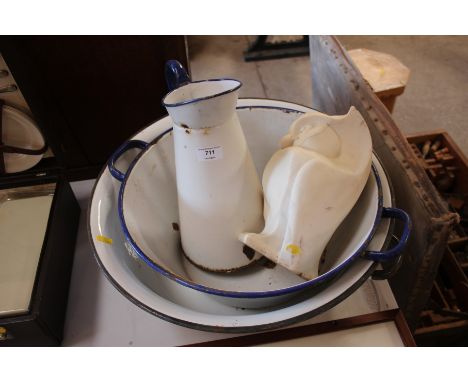 Two enamel bowls and an enamel jug etc.