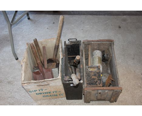 A box containing four coal shovels; a box containing garden shears, sickles, trowel etc.; and an ammunition box containing ro