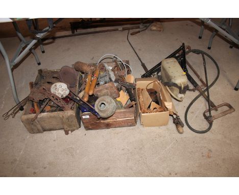 Two boxes of various hand tools; hand held sprayers; stirrup pump etc. 